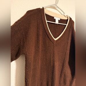 Signature Brown V-Neck Sweater with Cream Trim
